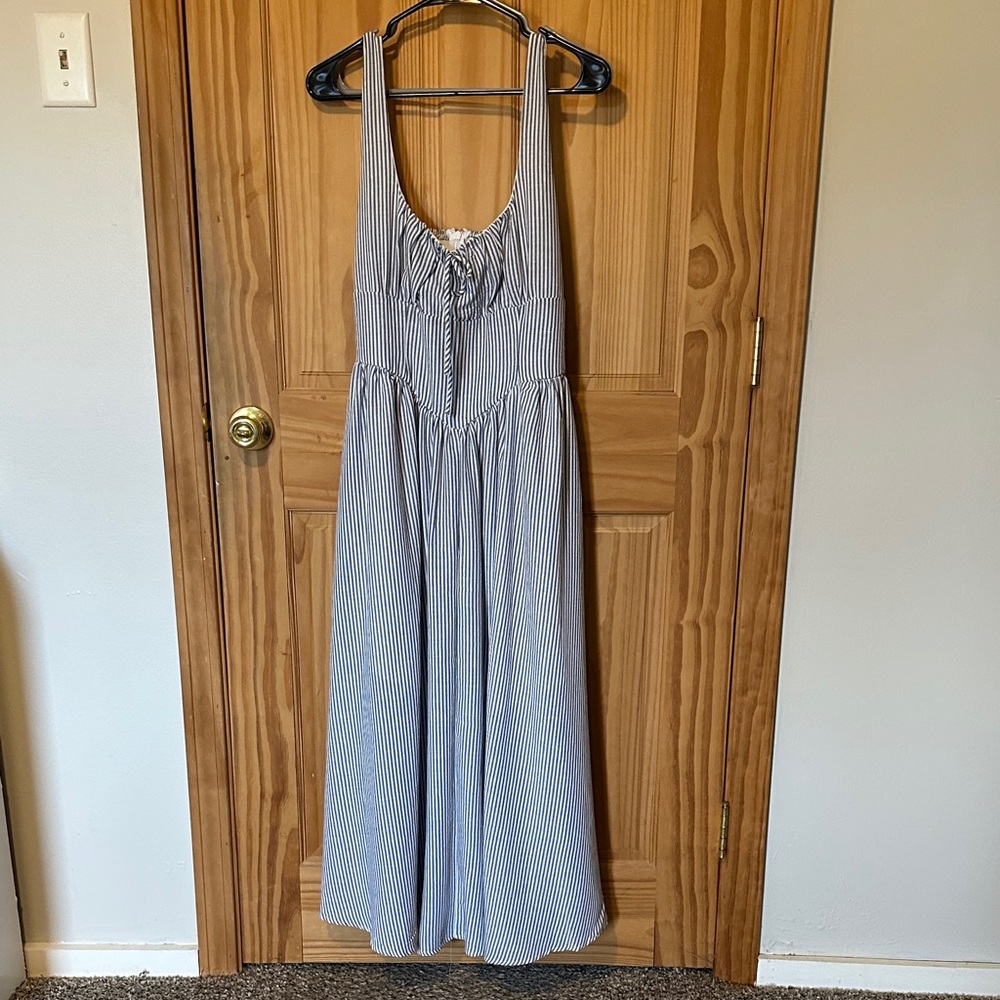 Striped Blue and White Tie-Front Sleeveless Maxi Dress